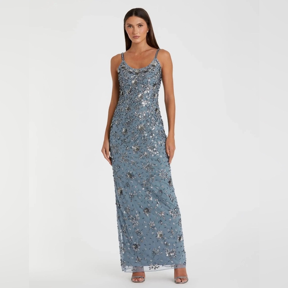 Mac Duggal Blue Embellished Spaghetti-Strap Maxi Dress